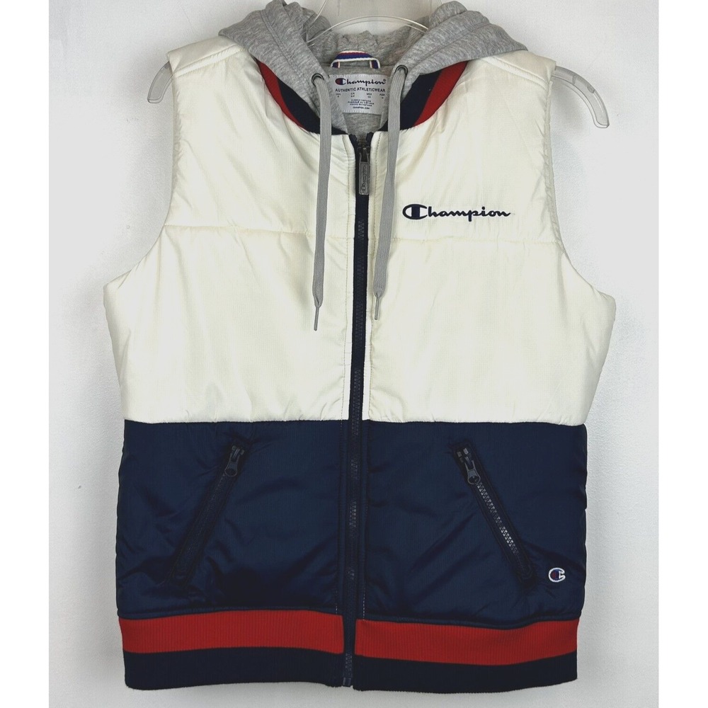 Champion Hooded Puffer Vest Womens Small Zip Color Block Sporty Preppy Patriotic